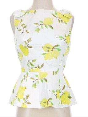 Kate Spade Sleeveless Lemon Print Peplum Top 6 White Shoulder Bows